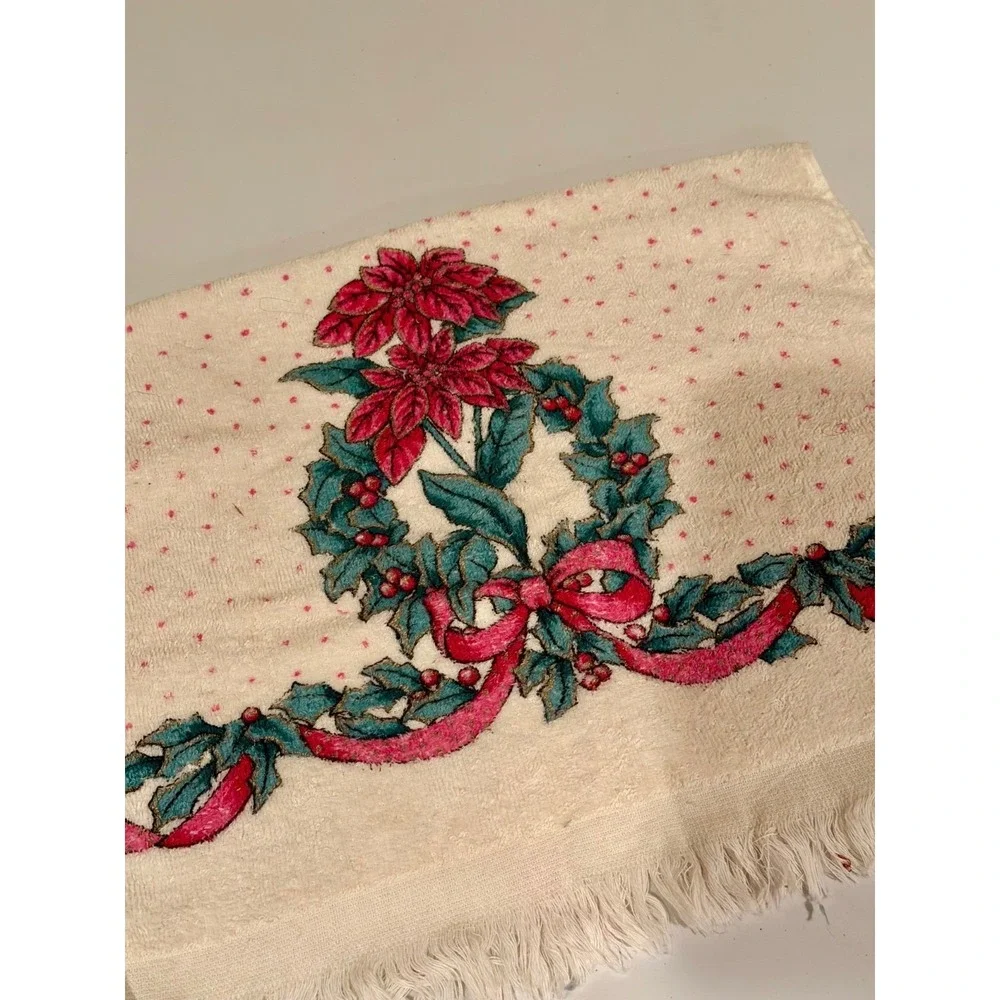 VTG Royal Terry B&D Christmas Hand Towel Poinsettia Wreath Fringe Cream Pink MCM